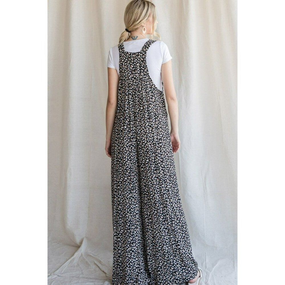 JODIFL Leopard Print Wide Leg Overall Jumpsuit Oversized Slouchy Fit w/ Pockets - Picture 3 of 3